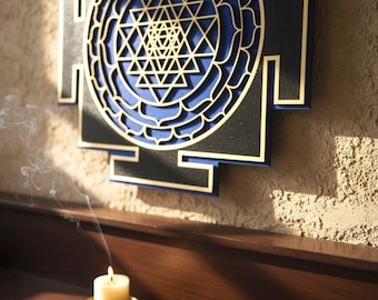 Arte de pared de madera Sri Yantra azul, decoración de geometría sagrada