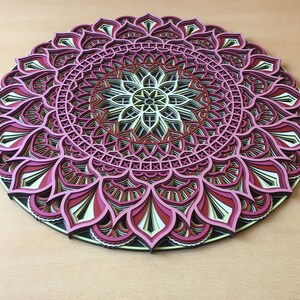 K&ouml;nnte beinhalten: Ein mehrschichtiges, kreisf&ouml;rmiges Mandala-Kunstwerk. Das Design weist komplizierte Muster in Rosa-, Rot-, Schwarz-, Gelb- und Wei&szlig;t&ouml;nen auf. Das Kunstwerk wird auf einer hellbraunen Oberfl&auml;che pr&auml;sentiert, die die detaillierte Handwerkskunst hervorhebt.