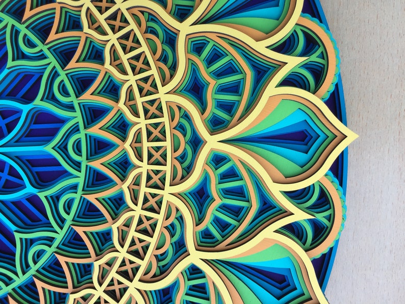 Op de afbeelding: Een meerlaags papiermandala met ingewikkelde ontwerpen in tinten blauw, groen en geel. De mandala is een cirkelvormig ontwerp met een centraal punt en stralende patronen.