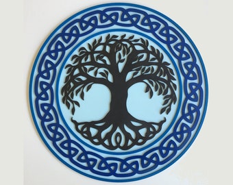 tree of life, wood wall hanger, wood wall art, sacred geometry, blue wall art