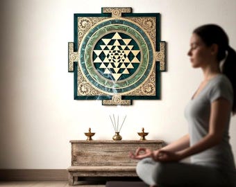 Sri Yantra Wall Art, Laser Cut Wood, Sacred Geometry Decor,  Meditation Symbol, Green-Gold