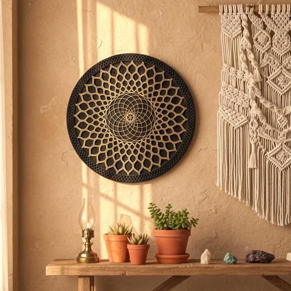 Multilayer Geometric Wood Wall Art, Sacred Geometry Torus Mandala, Anthracite Gray Gold Decor