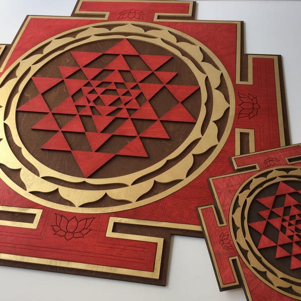 Arte mural Sri Yantra rojo, geometría sagrada cortada con láser, decoración de yoga