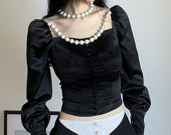 Victorian button-embellished Satin Blouse with Pearls / MDNX Clothing