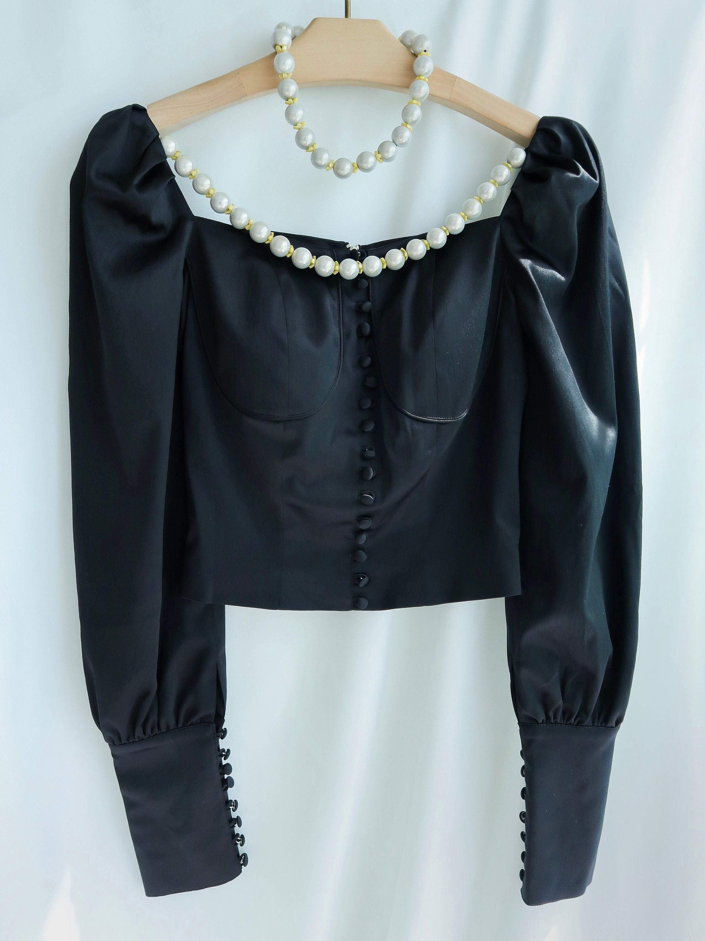 Victorian Button-embellished Satin Blouse With Pearls / MDNX Clothing ...