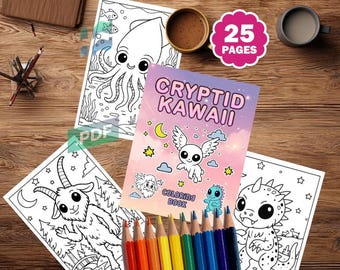 Cryptid Kawaii Coloring Book, Cryptozoology Gift (Digital Print)