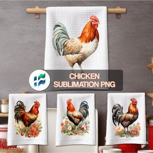 May include: Three white kitchen towels with a rooster design. The rooster is depicted in a vintage style with red, brown, and black feathers. The towels are perfect for adding a touch of farmhouse charm to your kitchen.