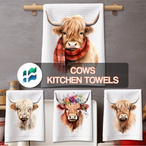 Toalhas de cozinha de vaca PNG - Cute Farm Highland Cows Kitchen Tea Hand Towels - Presentes para agricultores, professores, colegas de trabalho - Download digital instantâneo