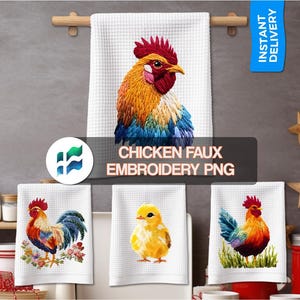 Keukenhanddoeken kip namaakborduurwerk PNG - schattige boerderijkippen keukentheedoeken - cadeaus voor kippenliefhebber - directe digitale download