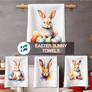 Easter Bunny Kitchen Towels PNG - Cute Easter Rabbit Kitchen Tea Hand Towels - Gifts for Her or Him - Instant Digital Download