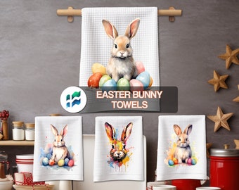 Easter Bunny Kitchen Towels PNG - Cute Easter Rabbit Kitchen Tea Hand Towels - Gifts for Her or Him - Instant Digital Download
