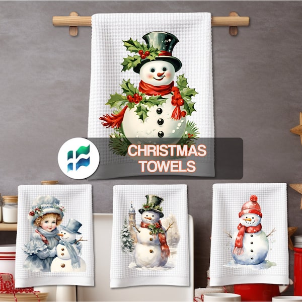 Snowman Kitchen Towels PNG Christmas - Christmas Snowmen Kitchen Tea Hand Towels - Gifts for Teachers, Coworkers - Instant Digital Download