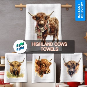 Highland Cow Theedoek PNG - Schattige boerderij koeien keukenhanddoeken - Geschenken voor boeren, leraren, collega's - Instant Digitale Download