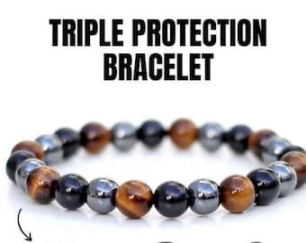 Bracelet puissant triple protection - oeil de tigre, hématite, obsidienne - Aura de bouclier - Énergie sombre inversée - Apporte chance et prospérité