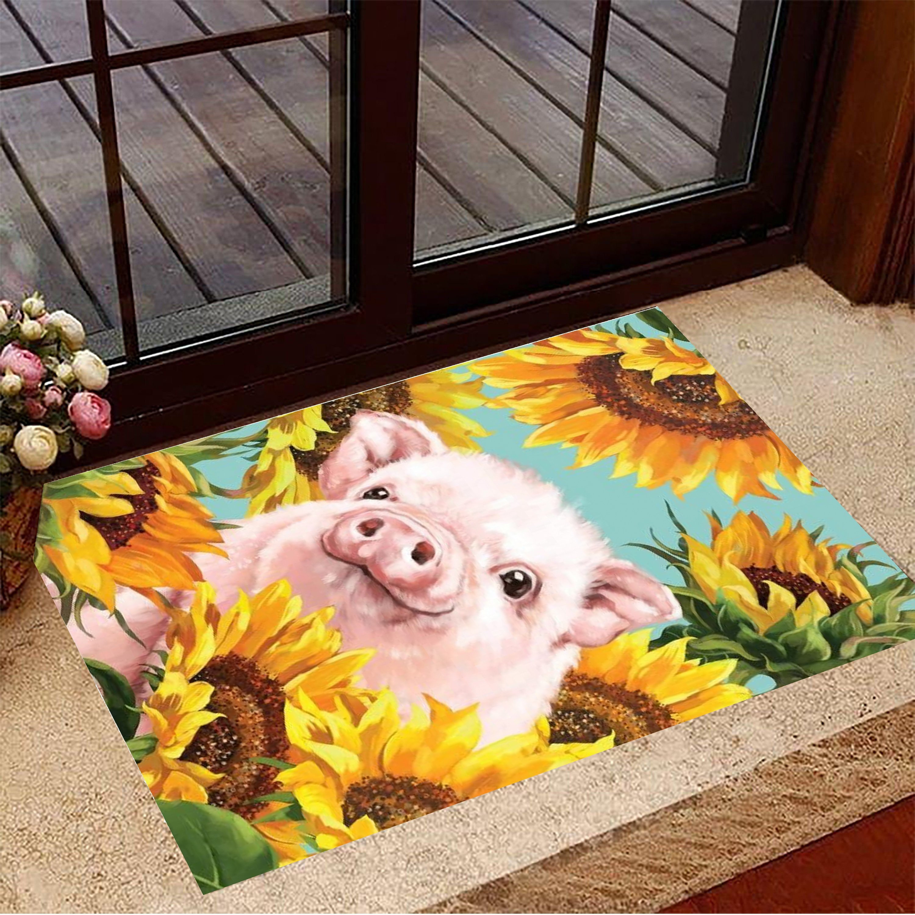 Simple Doormat Sunflowers and Pig Mat Decorative Floor Mat Etsy