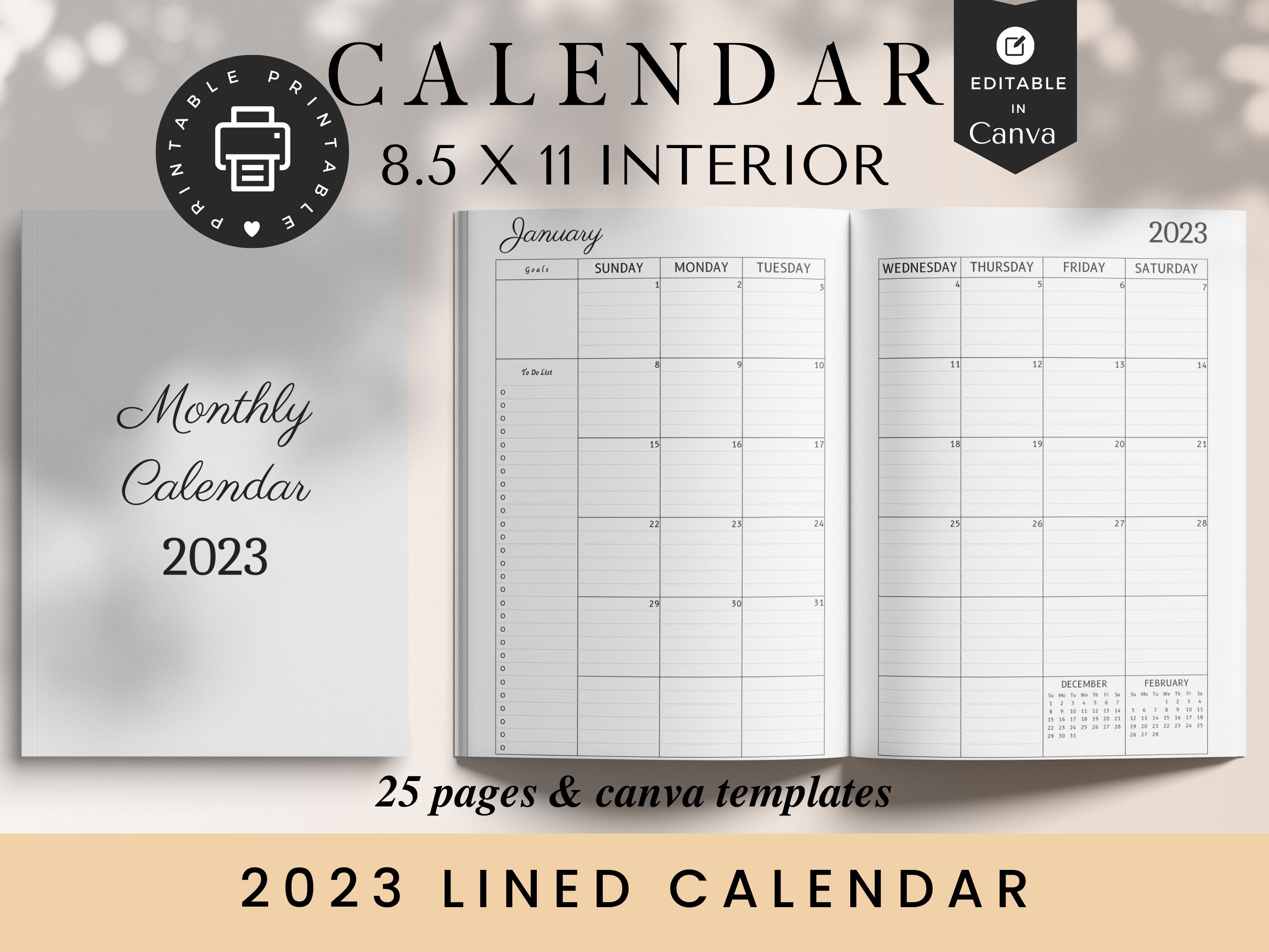 UnDated Lined Calendar, 8.5x11, KDP Template, Amazon KDP, KDP Interior
