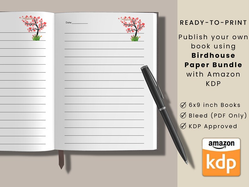 May include: A blank lined journal with a pink and green birdhouse illustration on the cover. The journal is 6x9 inches and is ready to print for use with Amazon KDP.