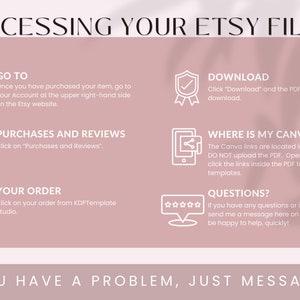 May include: A pink and white graphic with instructions on how to access Etsy files after purchase. The graphic includes icons for downloading, accessing purchases, and finding Canva links. It also includes a section for questions and a message to contact the seller.