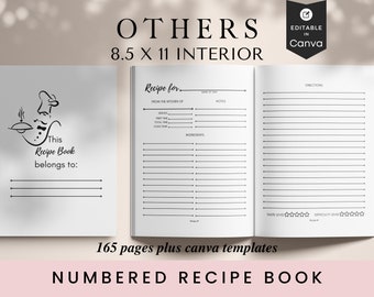 Numbered Recipe Book, KDP Template, 8.5x11, Canva Editable, Printable, Digital
