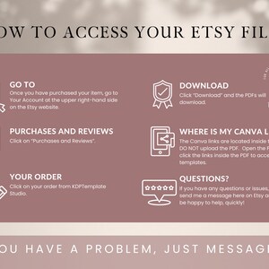 Puede incluir: Una infograf&iacute;a malva titulada "HOW TO ACCESS YOUR ETSY FILES" con instrucciones sobre c&oacute;mo descargar y acceder a los archivos despu&eacute;s de la compra. Incluye iconos y texto como "GO TO", "DOWNLOAD" y "PURCHASES AND REVIEWS".