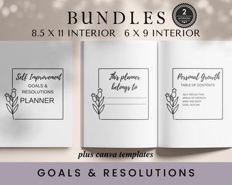 Può includere: Un set di planner stampabili con due dimensioni interne: 8,5 x 11 pollici e 6 x 9 pollici. Il planner presenta un design floreale e il testo "Self Improvement Goals & Resolutions Planner", "This planner belongs to" e "Personal Growth Table of Contents".