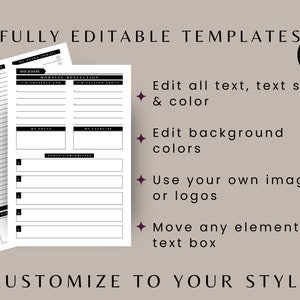 Puede incluir: Una plantilla de planificador digital con un dise&ntilde;o minimalista. La plantilla incluye secciones para horarios diarios, metas y reflexiones. Se muestra el texto "FULLY EDITABLE TEMPLATES" y "CUSTOMIZE TO YOUR STYLE". El logotipo de Canva es visible.