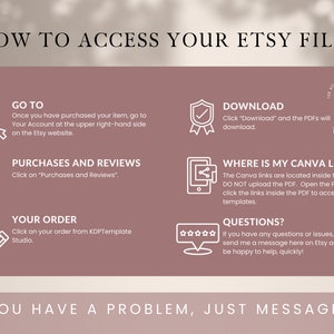 May include: A pink and white graphic with instructions on how to access Etsy files. The graphic includes icons and text such as "Buy Now", "Go To", "Purchases and Reviews", "Your Order", "Download", "Where is my Canva Links?", and "Questions?"