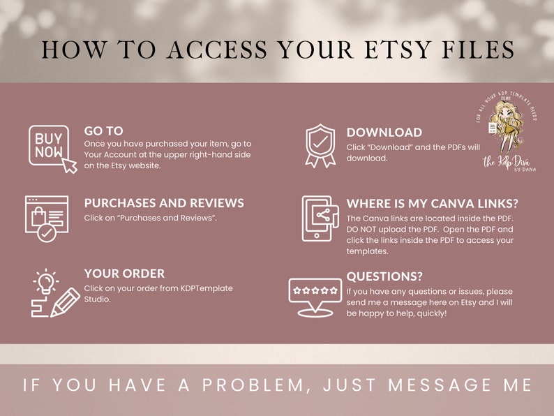 May include: A pink and white graphic with instructions on how to access Etsy files. The graphic includes icons and text such as "Buy Now", "Go To", "Purchases and Reviews", "Your Order", "Download", "Where is my Canva Links?", and "Questions?"