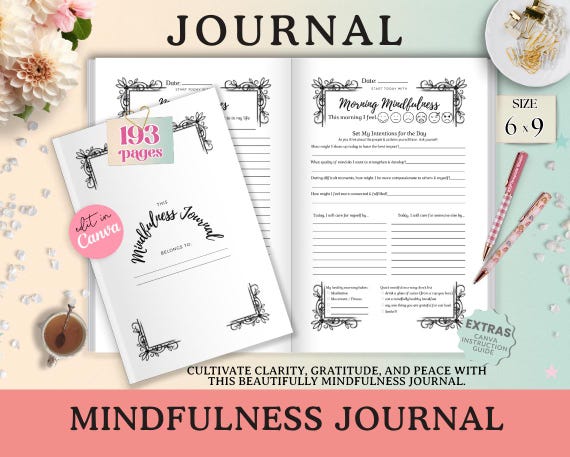 Mindfulness Journal Template: 6x9 Printable Planner, Editable in Canva
