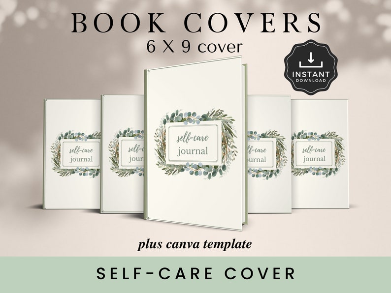 May include: Five book covers with a white background and a green leafy design. The text on the covers reads "self-care journal".