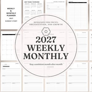 May include: A white and black 2027 weekly and monthly planner with a Sunday start. The planner includes a yearly overview, personal information, contacts, and journal pages. The cover features the text "Weekly & Monthly Planner 2027".