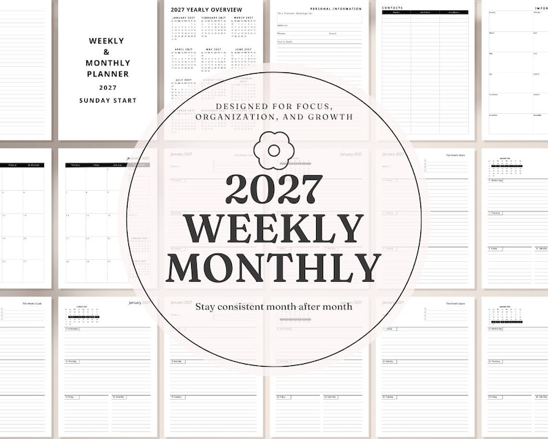May include: A white and black 2027 weekly and monthly planner with a Sunday start. The planner includes a yearly overview, personal information, contacts, and journal pages. The cover features the text "Weekly & Monthly Planner 2027".