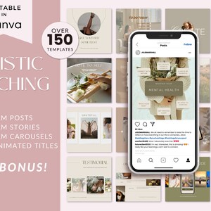 May include: A collection of 150+ social media templates for holistic coaching. The templates are designed in a minimalist style with a neutral color palette of beige, brown, and white. The templates feature text overlays with phrases like "Give Yourself Some Rest", "Mental Health", and "Grateful".