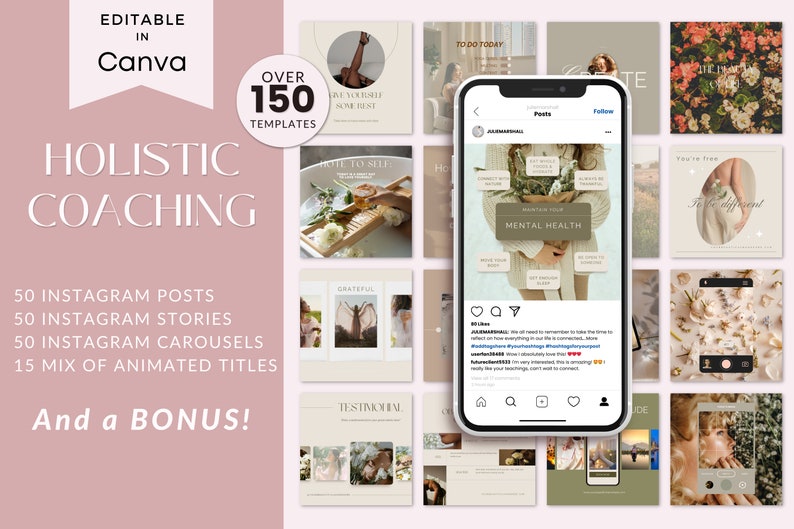 May include: A collection of 150+ social media templates for holistic coaching. The templates are designed in a minimalist style with a neutral color palette of beige, brown, and white. The templates feature text overlays with phrases like "Give Yourself Some Rest", "Mental Health", and "Grateful".