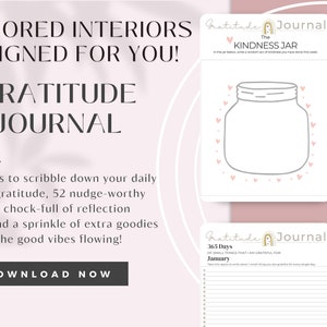 Puede incluir: Un diario de gratitud imprimible rosa y blanco con una ilustraci&oacute;n de un tarro de alba&ntilde;il y el texto "Gratitude Journal" y "The Kindness Jar". El diario incluye 365 lugares para escribir la gratitud diaria, 52 indicaciones y p&aacute;ginas de reflexi&oacute;n.