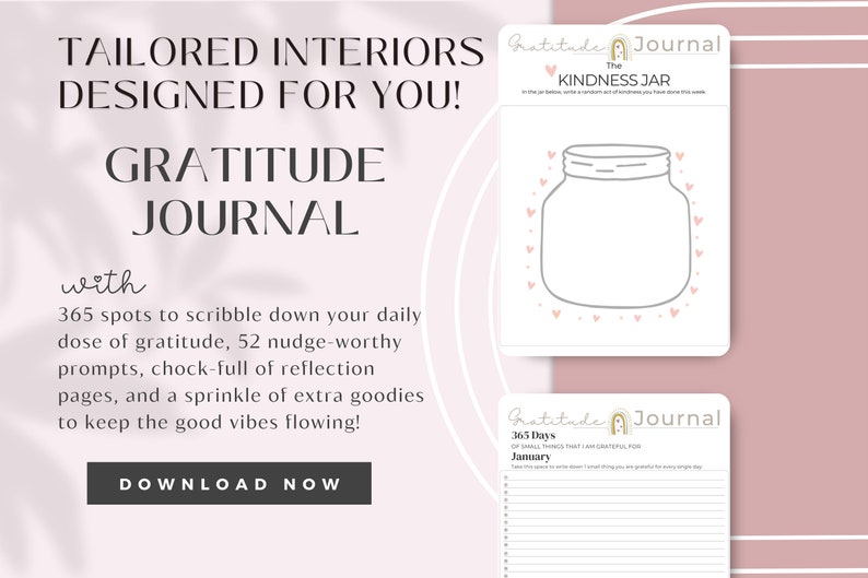 Puede incluir: Un diario de gratitud imprimible rosa y blanco con una ilustraci&oacute;n de un tarro de alba&ntilde;il y el texto "Gratitude Journal" y "The Kindness Jar". El diario incluye 365 lugares para escribir la gratitud diaria, 52 indicaciones y p&aacute;ginas de reflexi&oacute;n.