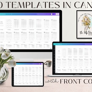 May include: A computer screen, laptop, and tablet display a Canva design with 100 templates. The text "100 TEMPLATES IN CANVA" is at the top of the image. The text "with FRONT COVER" is at the bottom of the image. A framed illustration of a cartoon character with the text "FOR ALL YOUR KDP TEMPLATE NEEDS" and "the Kdp Diva BY DANA" is on the wall.
