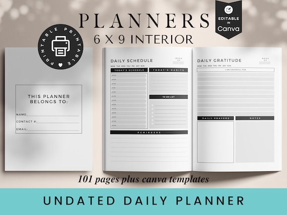 Undated Daily Planner, 6x9, KDP Template, KDP Interior,  KDP, Canva  Template 