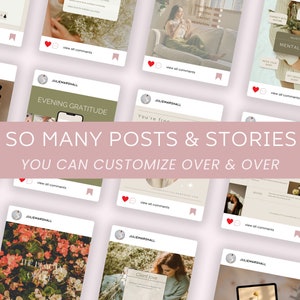 May include: A collage of social media posts and stories featuring a variety of images and text. The text includes "Evening Gratitude", "Mental Health", "You're free", "So many posts & stories you can customize over & over", and "Client Love".