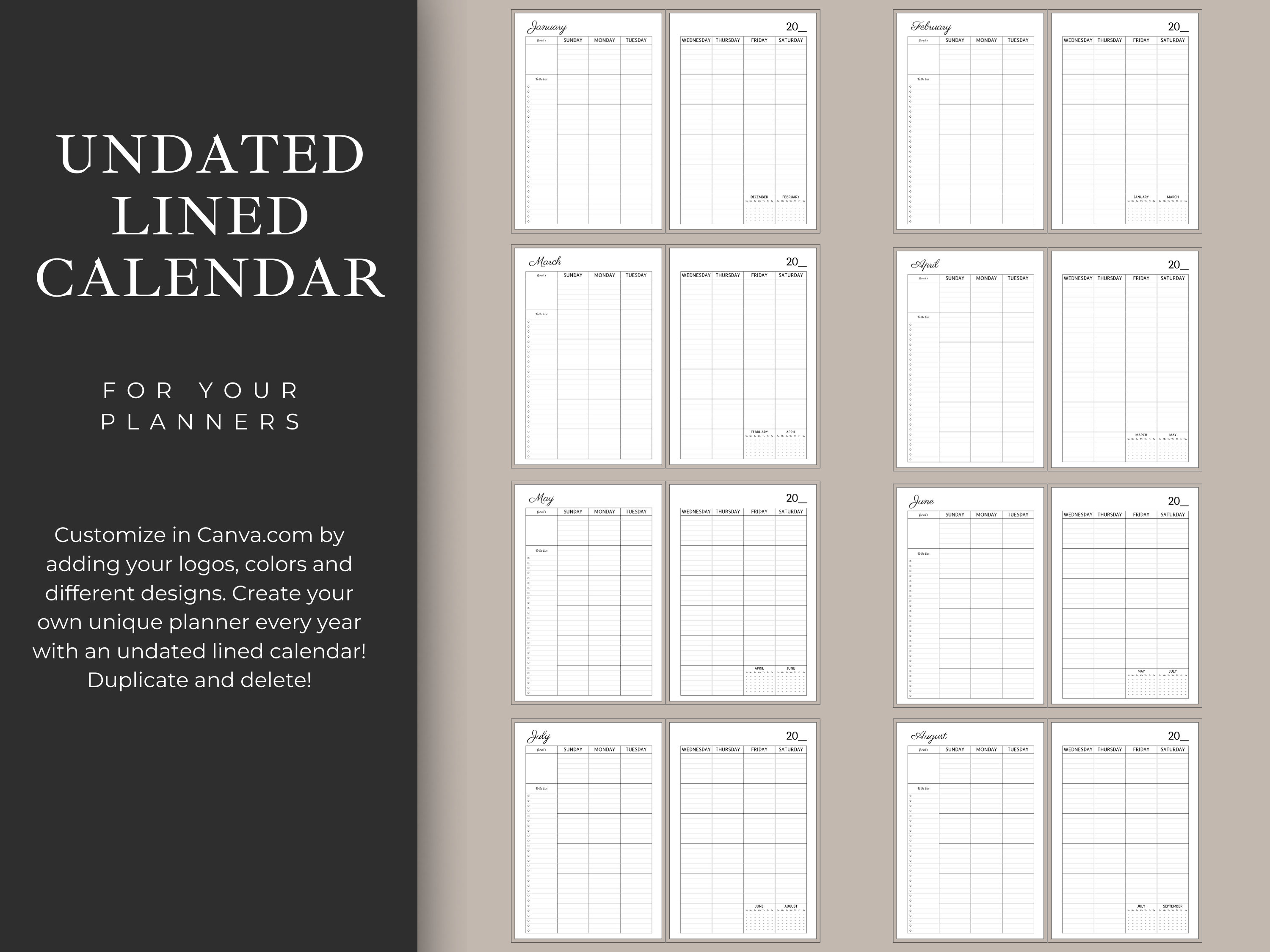 UnDated Lined Calendar, 8.5x11, KDP Template, Amazon KDP, KDP Interior