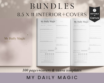 Könnte beinhalten: Ein druckbarer Planer mit einem rosa Umschlag und dem Text "My Daily Magic Planner". Die Innenseiten sind weiß mit schwarzem Text und Grafiken. Der Planer ist 8,5 Zoll mal 11 Zoll groß und umfasst 100 Seiten und Umschläge. Der Planer ist in Canva bearbeitbar.