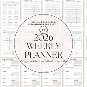 May include: A 2026 weekly planner with a minimalist design. The cover features the year and the word "PLANNER". Inside, there are monthly calendars, weekly layouts, and sections for notes. The text "Designed for focus, organization and growth" is also visible.