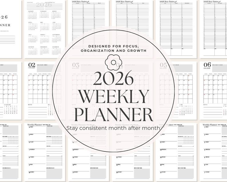 May include: A 2026 weekly planner with a minimalist design. The cover features the year and the word "PLANNER". Inside, there are monthly calendars, weekly layouts, and sections for notes. The text "Designed for focus, organization and growth" is also visible.