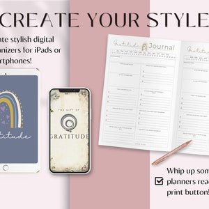 Puede incluir: Crea elegantes organizadores digitales para iPads o tel&eacute;fonos inteligentes con estas plantillas de planificador imprimibles. La imagen muestra dos planificadores digitales, uno con un dise&ntilde;o de arco&iacute;ris y corazones y el otro con un dise&ntilde;o floral vintage. El texto "Gratitude Journal" es visible en los planificadores impresos.