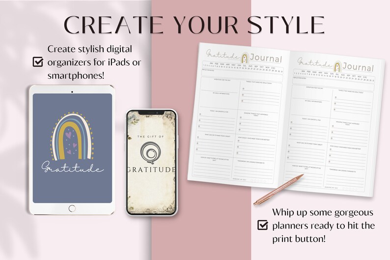 Puede incluir: Crea elegantes organizadores digitales para iPads o tel&eacute;fonos inteligentes con estas plantillas de planificador imprimibles. La imagen muestra dos planificadores digitales, uno con un dise&ntilde;o de arco&iacute;ris y corazones y el otro con un dise&ntilde;o floral vintage. El texto "Gratitude Journal" es visible en los planificadores impresos.