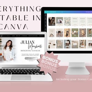 May include: A laptop computer displaying a website for a holistic coach named Julian Marshall. The website features a photo of the coach and the text "Transform your life, where mindfulness meets mastery." The laptop is on a pink surface next to a desktop computer displaying a Canva design with multiple images and text. The text "Bonus Bonus Bonus" is in a starburst shape.
