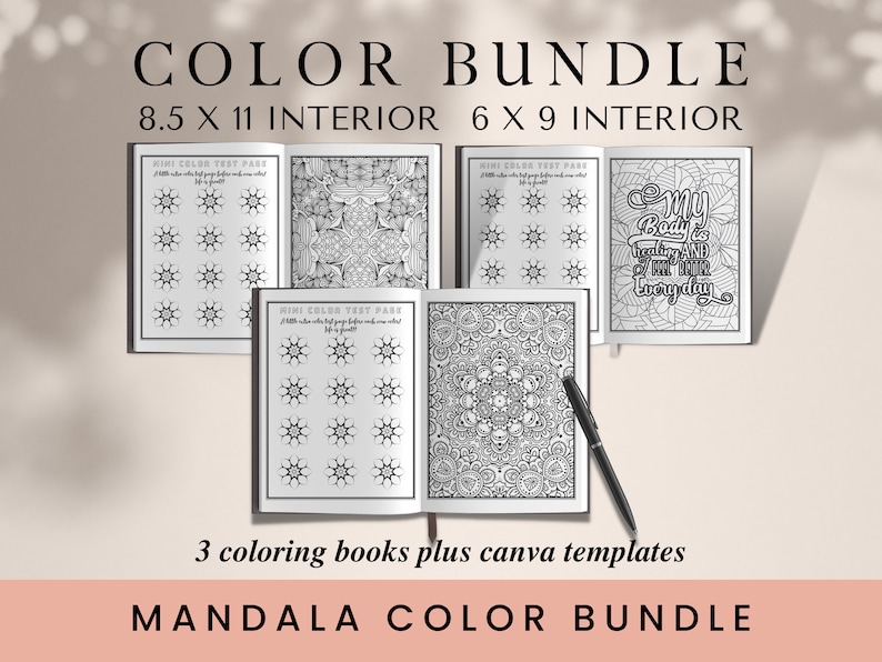 May include: A set of three coloring books featuring mandala designs. The books are 8.5 x 11 inches and 6 x 9 inches. The cover of one book features the text "My body is healing and I am better everyday".