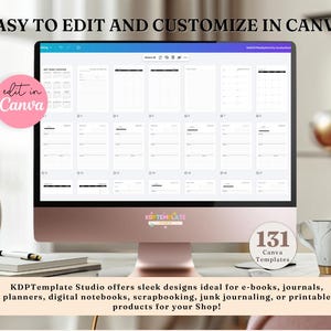 May include: A desktop computer displays a variety of templates. The screen shows a grid of white pages with black lines. Text on the screen reads "EASY TO EDIT AND CUSTOMIZE IN CANVA". A pink circle says "edit in Canva". A mug and a stack of paper are on the desk.