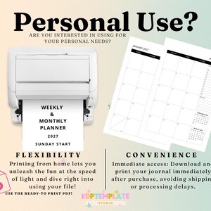 May include: A white printer is shown with a printed weekly and monthly planner for 2027. The text on the printout reads "WEEKLY & MONTHLY PLANNER 2027 SUNDAY START". A PDF icon is in the lower left corner. Two open planner pages are on the right.
