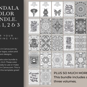 May include: A digital download of three volumes of mandala coloring pages. The cover image shows a grid of 20 black and white mandala designs. The text "MANDALA COLOR BUNDLE. VOL 1, 2 & 3" is at the top of the image. The text "PLUS SO MUCH MORE! This bundle includes all three volumes." is at the bottom of the image.